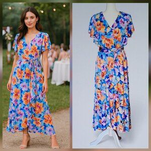 Nicole Miller Floral Maxi Dress Faux Wrap Ruffle Satin Flutter Sleeves ASO NEW